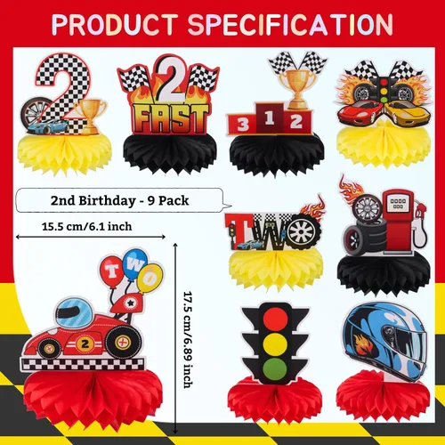 Vista 2 de 9 piezas de centro de mesa de auto de carreras de 2º cumpleaños Let's Go Racing Two Fast Birthday Party Decoración de mesa de auto de carreras