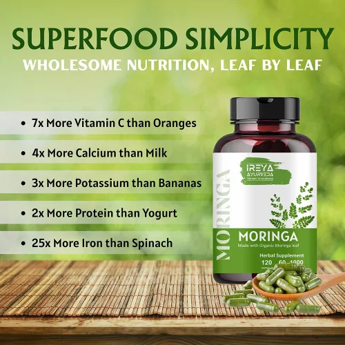 Vista 8 de Cápsula de Moringa de 1000 mg (120 cápsulas), cápsulas de polvo de moringa hechas de polvo de hoja de moringa orgánica Nutrición integral sin OMG