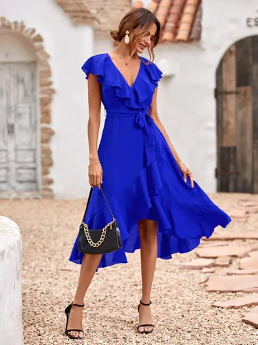 Vista 3 de MakeMeChic Vestido midi de manga corta con cuello en V profundo y volantes para mujer