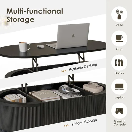 Vista 4 de LYNCOHOME - Mesa de centro con tapa abatible y almacenamiento, mesa de café ovalada moderna para sala de estar u oficina en casa (Negro)