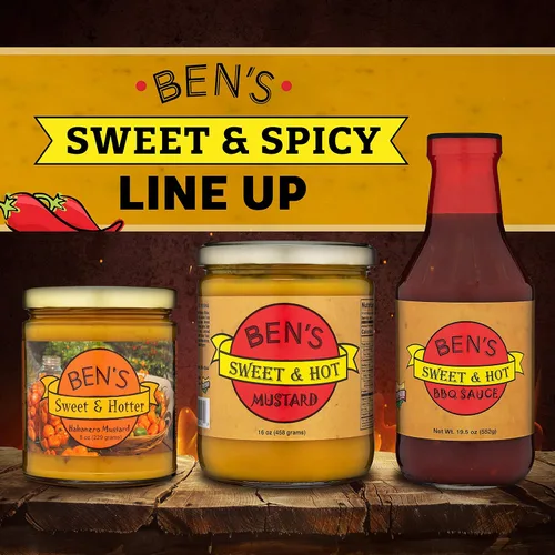 Vista 5 de Ben's Sweet & Hot Mostaza picante salsa de mostaza y mostaza amarilla para untar delicatessen, mostaza natural, dulce y caliente, 16 onzas