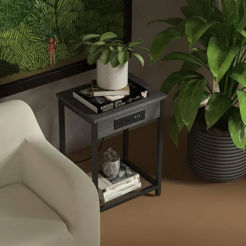 Vista 7 de Mesita de noche con estación de carga, mesa auxiliar para dormitorio con puertos USB y tomacorrientes, soporte moderno para tocadiscos, mesa
