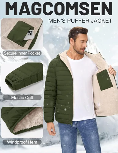 Vista 4 de MAGCOMSEN Chaqueta acolchada para hombre con capucha, forro de vellón, chaqueta térmica resistente al agua, chaqueta de plumón con cremallera