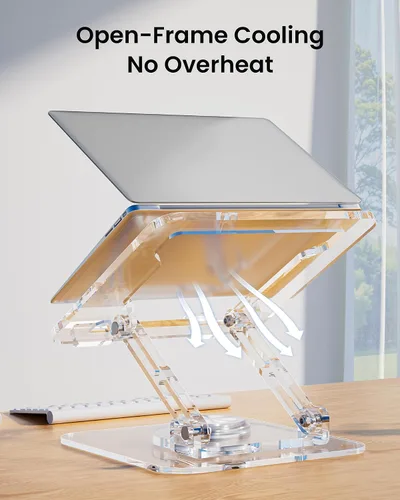 Vista 5 de Soporte para computadora portátil para escritorio, elevador acrílico transparente ajustable y plegable con base giratoria de 360°, soporte