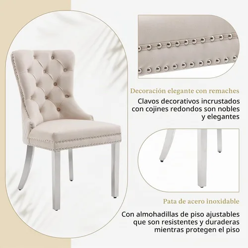 Vista 5 de KCC Juego de 2 sillas de comedor de terciopelo, sillas modernas copetudas Patas de acero inoxidable beige++ plata