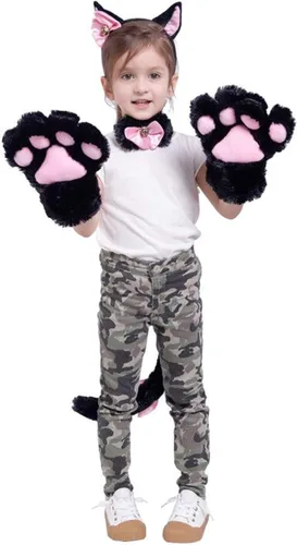 Vista 6 de Spooktacular Creations 5 Pcs Kitty Cat Costume Accessories with Cat Ears Headband, Paws Gloves, Bow Tie, Tail Accessories