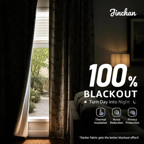 Vista 3 de jinchan Linen Blackout Curtains Blue Floral 63 Inch Back Tab 2 Panels Blue on Beige