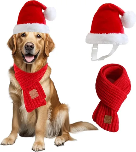 Vista 8 de Juego de gorro y bufanda de Navidad para perros pequeños, cachorros, gatos, 2 piezas de sombrero de Santa ajustable y bufanda de punto, disfraz