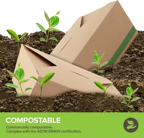 Vista 4 de Juego de 50 recipientes desechables de 45 onzas compostables para alimentos, cajas medianas de papel para llevar, cajas de cartón kraft natural