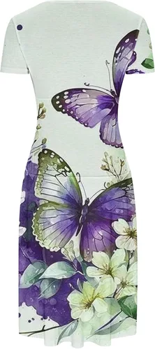 Vista 3 de Vestido ajustado con cuello en V para mujer, manga corta, fruncido, cintura alta, vestido midi lindo estampado floral de mariposas