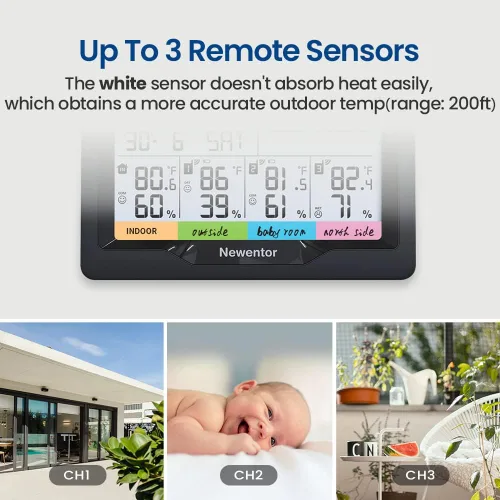 Vista 2 de Newentor Estación meteorológica inalámbrica para interiores y exteriores, múltiples sensores, termómetro digital de reloj atómico, monitor de Negro