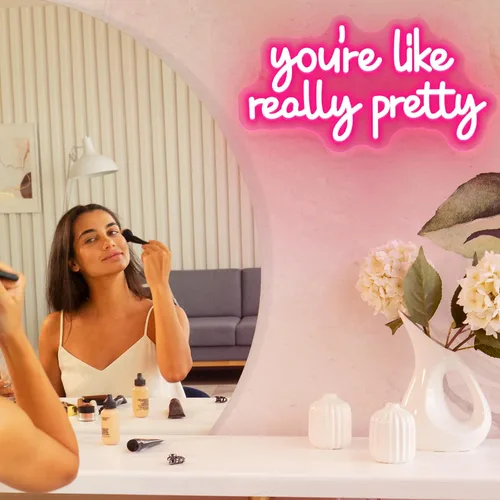 Vista 4 de Letrero de neón con texto en inglés "You're Like Really Pretty Neon", luces de neón rosas para dormitorio, regulables, para decoración de pared