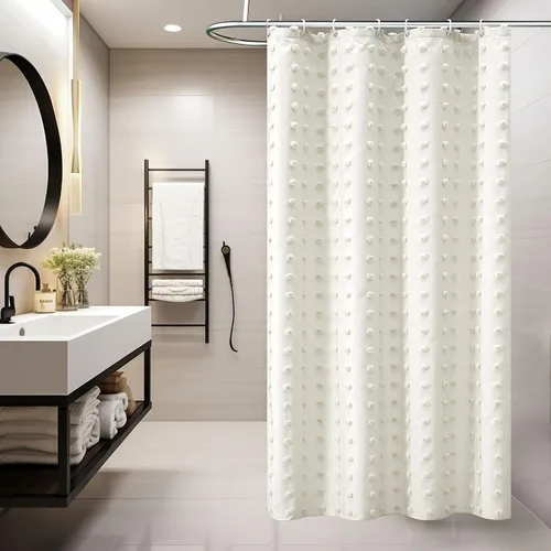 Vista 19 de Siiluminisoy Cortina de ducha pequeña bohemia de tela tejida, bonita cortina de ducha beige, 36 x 72 pulgadas, con pliegues mechonados, floral