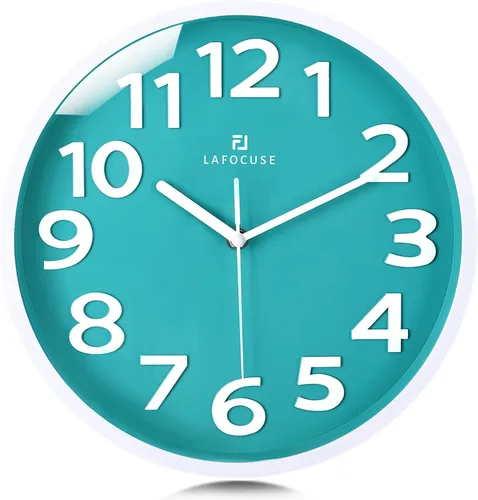 Vista 12 de Lafocuse Reloj de pared azul con números 3D de 12 pulgadas para decoración de sala de estar, moderno reloj de pared de cocina funciona