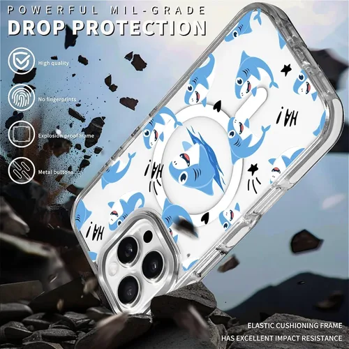 Vista 4 de Funda para iPhone 13 Pro, transparente con bonito patrón de tiburón azul, compatible con Magsafe funda protectora suave para mujeres y niñas (blanco)
