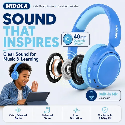 Vista 7 de MIDOLA Auriculares para Niños con Cancelación Activa de Ruido Bluetooth 5.4 Inalámbricos con Volumen Limitado 85/94dB, Carga Rápida Tipo C, Sobre