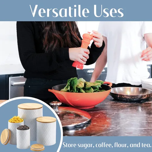 Vista 10 de Juego de recipientes de cocina blancos con tapas de bambú, azúcar hermético, harina, café, juegos de recipientes para almacenamiento de galletas