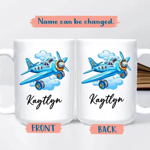 Vista 2 de Taza de café de avión personalizada con nombre de los niños, taza de café de avión personalizada de 11 onzas y 15 onzas, taza de cerámica blanca