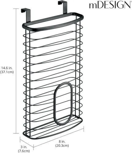 Vista 4 de mDesign Organizador de Almacenamiento Colgante de Gabinete de Acero Portador para Cocina, Despensa - Sostiene Bolsas de Plástico, Sándwich, Basura