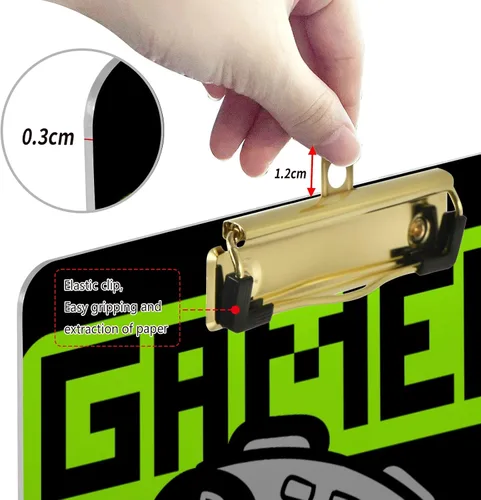 Vista 4 de Yasala Portapapeles acrílico Gamer Squad Joystick controlador de videojuegos tamaño carta A4 tablero de clip estándar con clip de perfil bajo