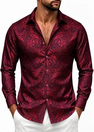 Vista 40 de DiBanGu Camisa de vestir de paisley de seda para hombre, formal, de manga larga, con cuello abotonado, camisas informales para fiesta de boda Negro