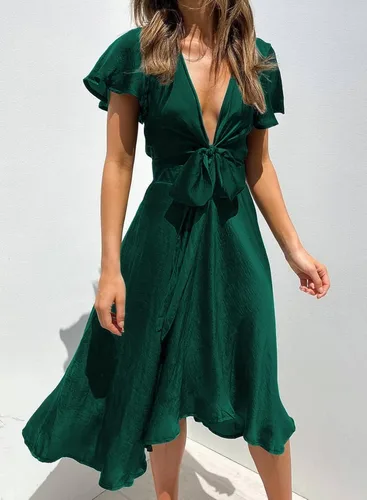 Vista 2 de miduo - Vestido largo de satén con cuello en V, volantes, manga corta, lazo frontal, cintura alta, longitud por debajo de la rodilla y acampanado