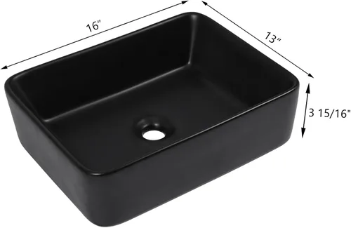 Vista 6 de Lavabo de baño negro de 16 x 12 pulgadas, lavabo de apoyo rectangular para baños, de cerámica, sobre mostrador, lavabo rectangular de baño, lavabo
