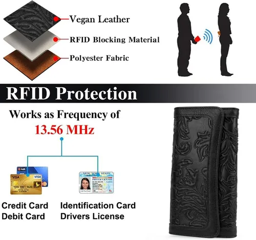 Vista 37 de MEITRUE Cartera de cuero para mujer, con bloqueo RFID, triple pliegue, con relieve, soporte para tarjetas, organizador de chequera para teléfono