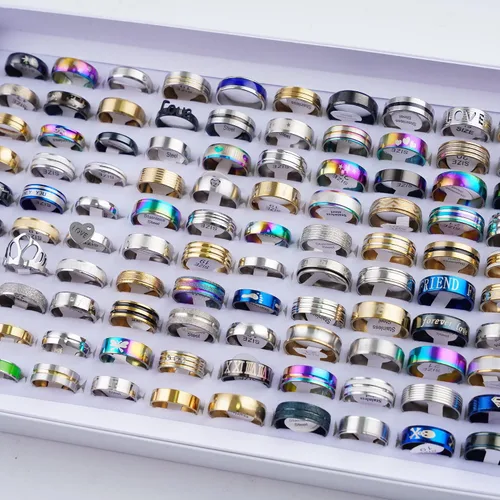 Vista 5 de 100 unidslote Moda Acero Inoxidable Raya Corazón Amor Anillos Joyería Para Mujeres Hombres Mezcla Estilo Fiesta Regalos Con Caja Al Por Mayor