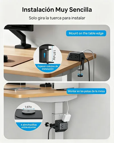Vista 3 de Abrazadera de escritorio para tira de alimentación, protector de sobretensiones con 5 tomas de CA y 3 puertos USB, estación de carga de montaje