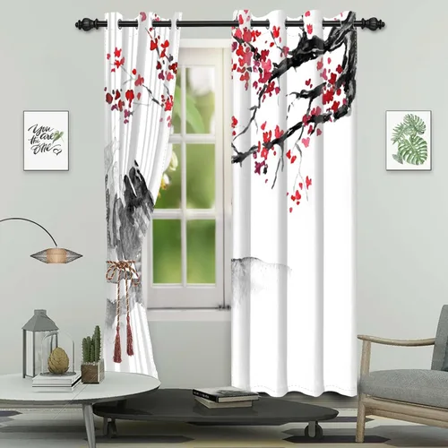 Vista 45 de Cortinas japonesas con pintura de tinta, monte Fuji, sol rojo, puesta de sol, hojas de bambú, cortinas de ventana para dormitorio, sala de estar