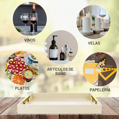 Vista 5 de ATZYmolin - Bandeja de cuero para servir, con asas doradas, color beige Beige con mango Glod