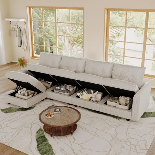 Vista 4 de LLappuil Sofá modular de 112 pulgadas con almacenamiento, sofá de pana de 5 plazas en forma de L con 4 cojines, sofá convertible apto para mascotas