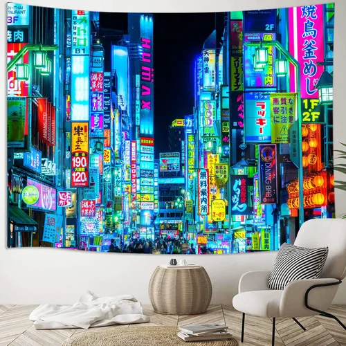 Vista 4 de iTapnoom Tapiz de anime japonés de neón punk, ciudad futurista, tapiz para colgar en la pared para hombres y niños, dormitorio, futuro fresco