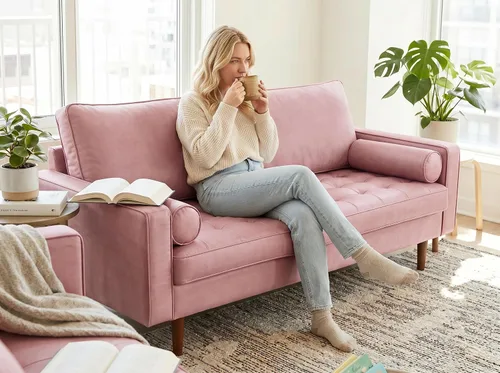 Vista 13 de Container Furniture - Sofá de piel sintética para la sala de estar moderna con cojines extraíbles y patas de madera maciza, sofá estilo lujoso