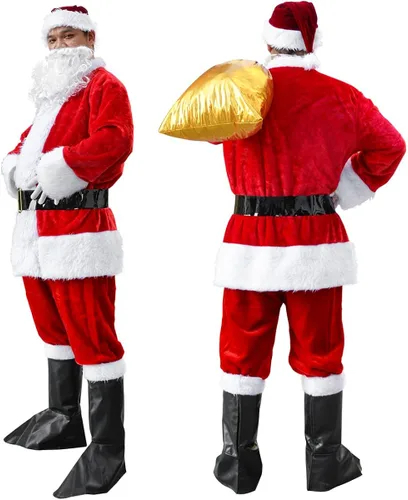 Vista 4 de Traje de Papá Noel de Navidad disfraz de Papá Noel para hombres adultos ropa clásica de franela de Navidad traje de disfraces de Papá Noel