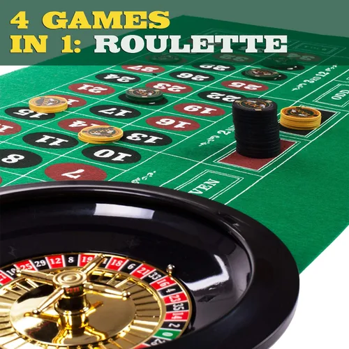 Vista 2 de Brybelly Casino Night - Juego completo 4 en 1 con fieltros, rueda, 100 fichas, dados y cartas para blackjack, craps, ruleta y Texas Hold'em - Tapete