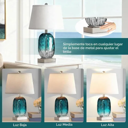 Vista 2 de Juego de 2 lámparas de mesa de cristal verde azulado con control táctil, 2 puertos USB, regulables Azul verdoso