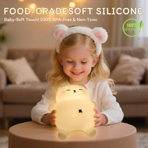 Vista 2 de Luz nocturna de oso para guardería, lámpara de noche de bebé recargable de silicona suave con atenuación de 3 niveles, control táctil, temporizador