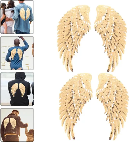 Vista 8 de jojofuny Sequin Angel Wings Sewing Patches for Clothes 2 Pairs Gold Embroidered Fabric Applique Decorative Patch for Jackets DIY Garment Accessory
