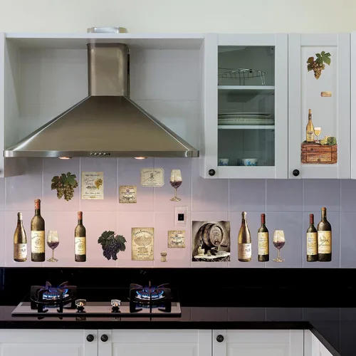 Vista 7 de 8 hojas de calcomanías de pared para botella de vino, calcomanías de pared de frutas de uva, decoración de cocina, calcomanías de cata de vinos
