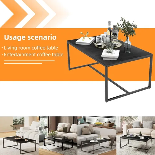 Vista 3 de Wisfor Mesa de centro de piedra sinterizada: mesa central de sofá negro con marco de metal negro - Mesa rectangular de decoración de muebles