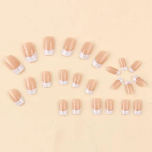 Vista 2 de 24 uñas postizas a presión con punta francesa, cuadradas, medianas, con brillantina, con diseño de degradado blanco, uñas postizas reutilizables