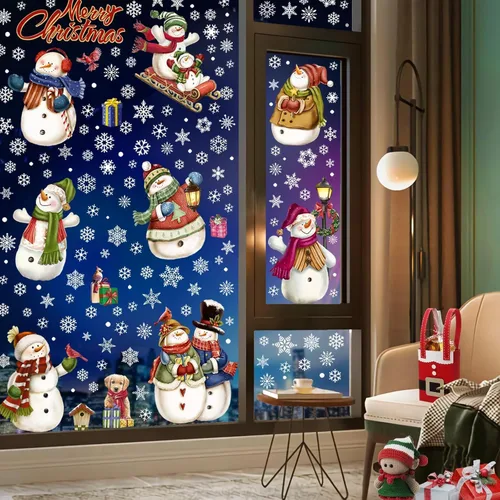 Vista 9 de 194 piezas de calcomanías de ventana de Navidad, copos de nieve y muñeco de nieve para ventanas de vidrio, decoraciones de Navidad para interiores