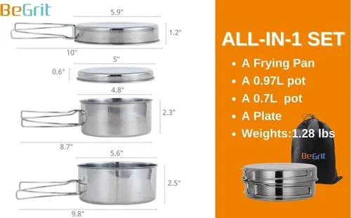 Vista 2 de BeGrit Mochilero Camping Cookware Mini Picnic Camping Cooking Mess Kit con Olla y Pan Set para Senderismo