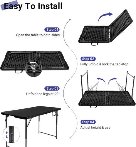Vista 8 de Byliable Mesa plegable de 4 pies, mesa plegable de plástico portátil resistente de 4 pies con asa de transporte para interiores y exteriores