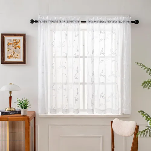 Vista 59 de VISIONTEX 2 paneles de cortinas traslúcidas de 63 in de largo, cortinas de gasa semitransparentes bordadas con hojas florales beige, bolsillo