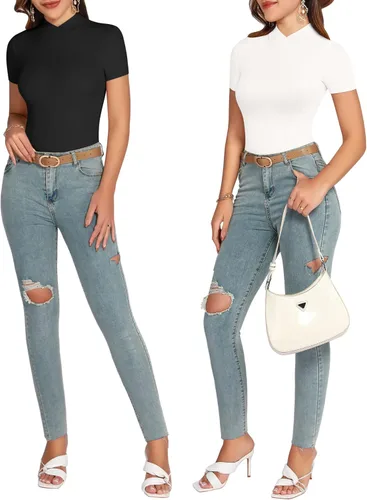 Vista 4 de MANGOPOP Leotardo básico de manga corta con cuello alto falso para mujer