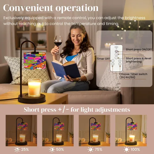 Vista 5 de Candle Warmer Lamp with Timer and Dimmer, Retro Groovy 60s 70s Seamless Old School Psychedelic Hippie Design Wax Melt Warmer with 4 Bulbs, House