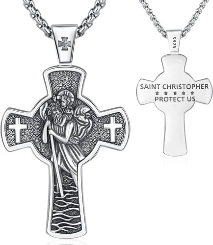 Vista 30 de Aniu 925 Sterling Silver Saint Medal Necklace Religious Amulet Jewelry Gift Concha de abulón - Redondo - Collar de San Cristóbal - H